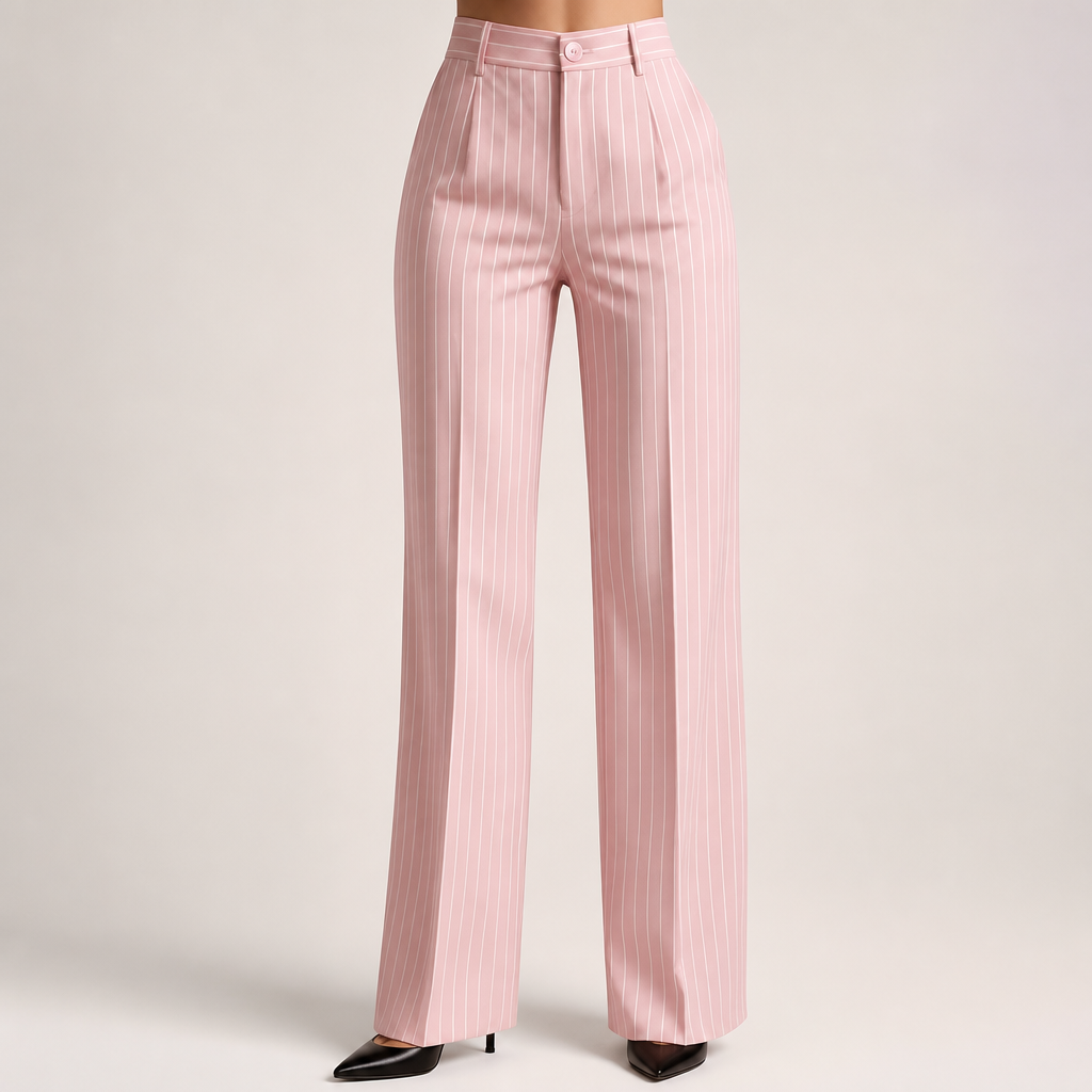 Briony | Womens Work Wide Leg High Waisted Striped Trousers, Light Pink