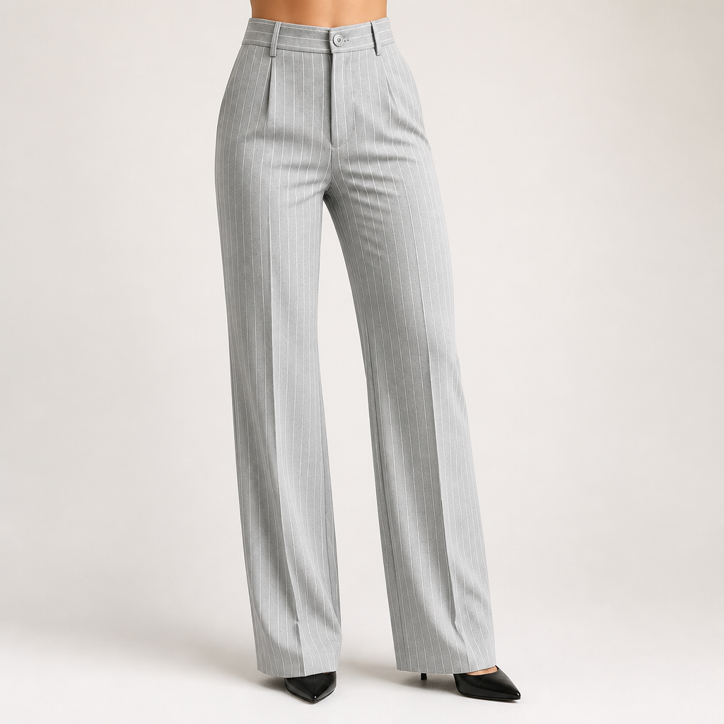 Briony | Womens Work Wide Leg High Waisted Striped Trousers, Silver
