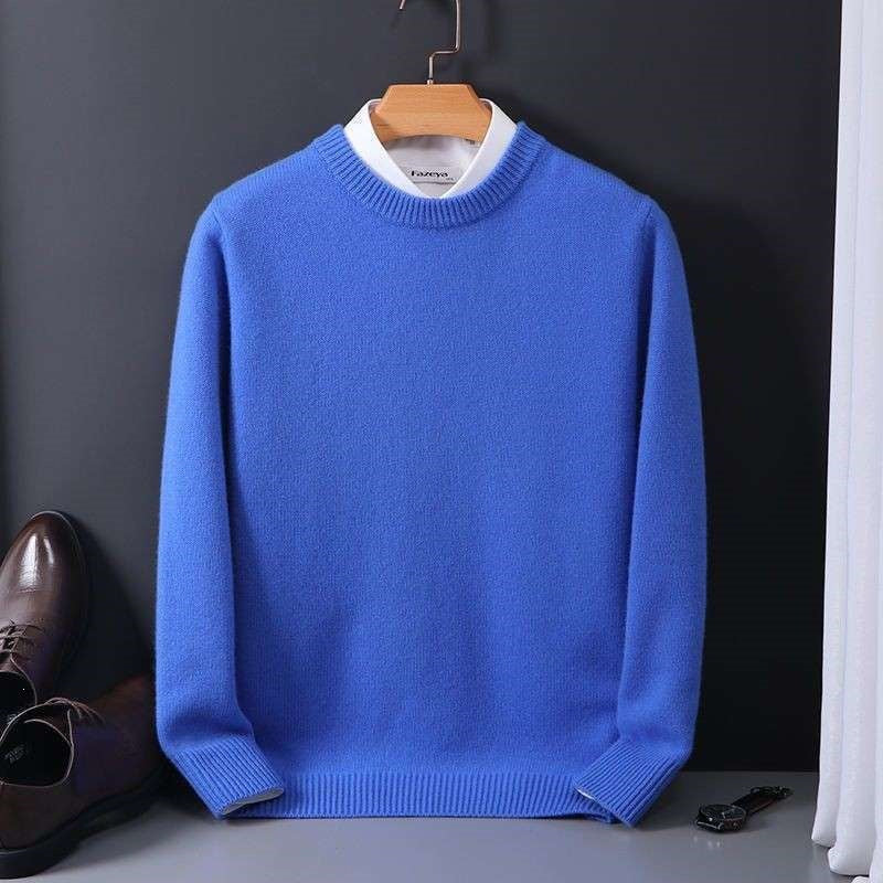 Callum | Mens Round Neck Slim Knitted Jumper - Bright Blue