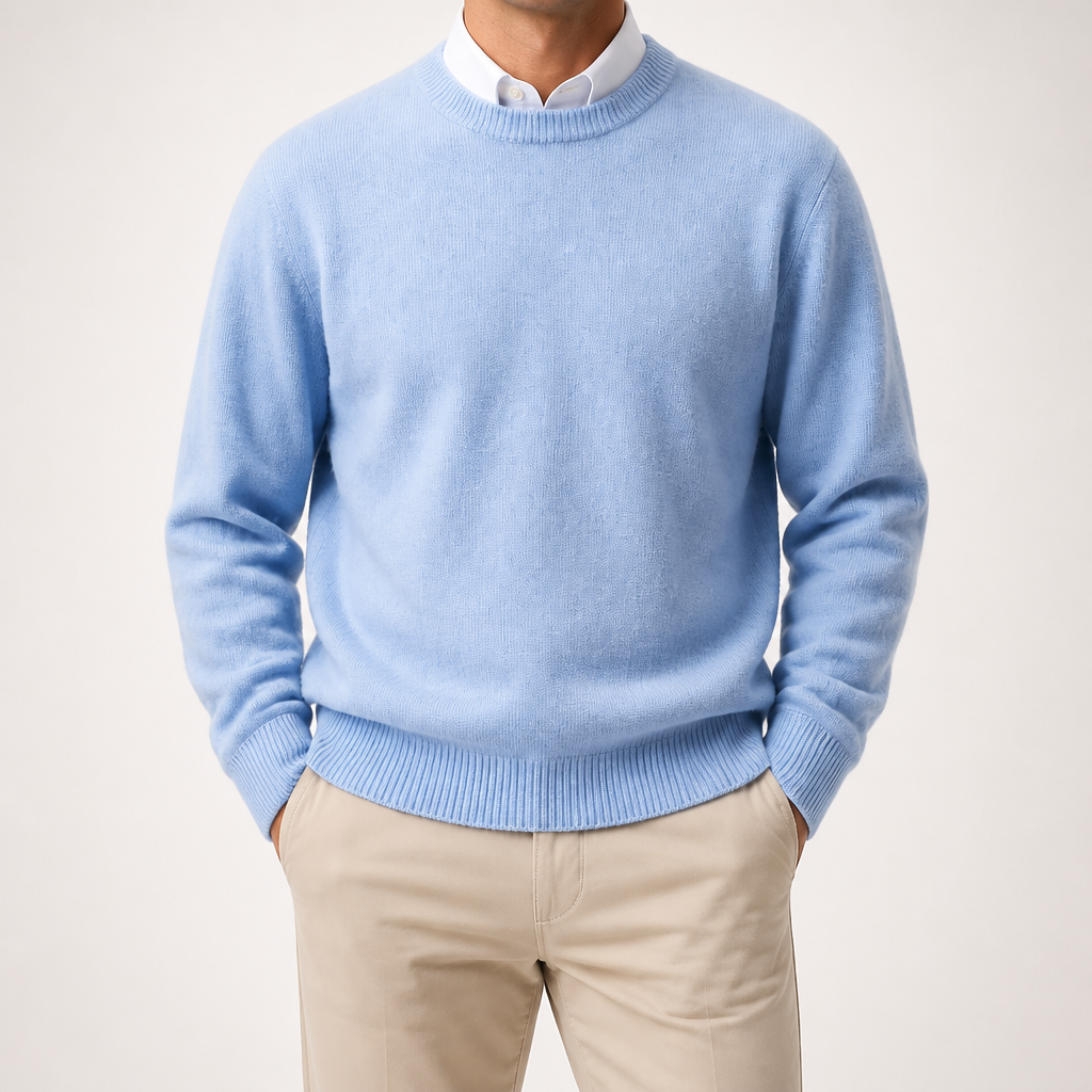 Callum | Mens Knitted Jumper Round Neck Slim Fit Sweater, Light Blue