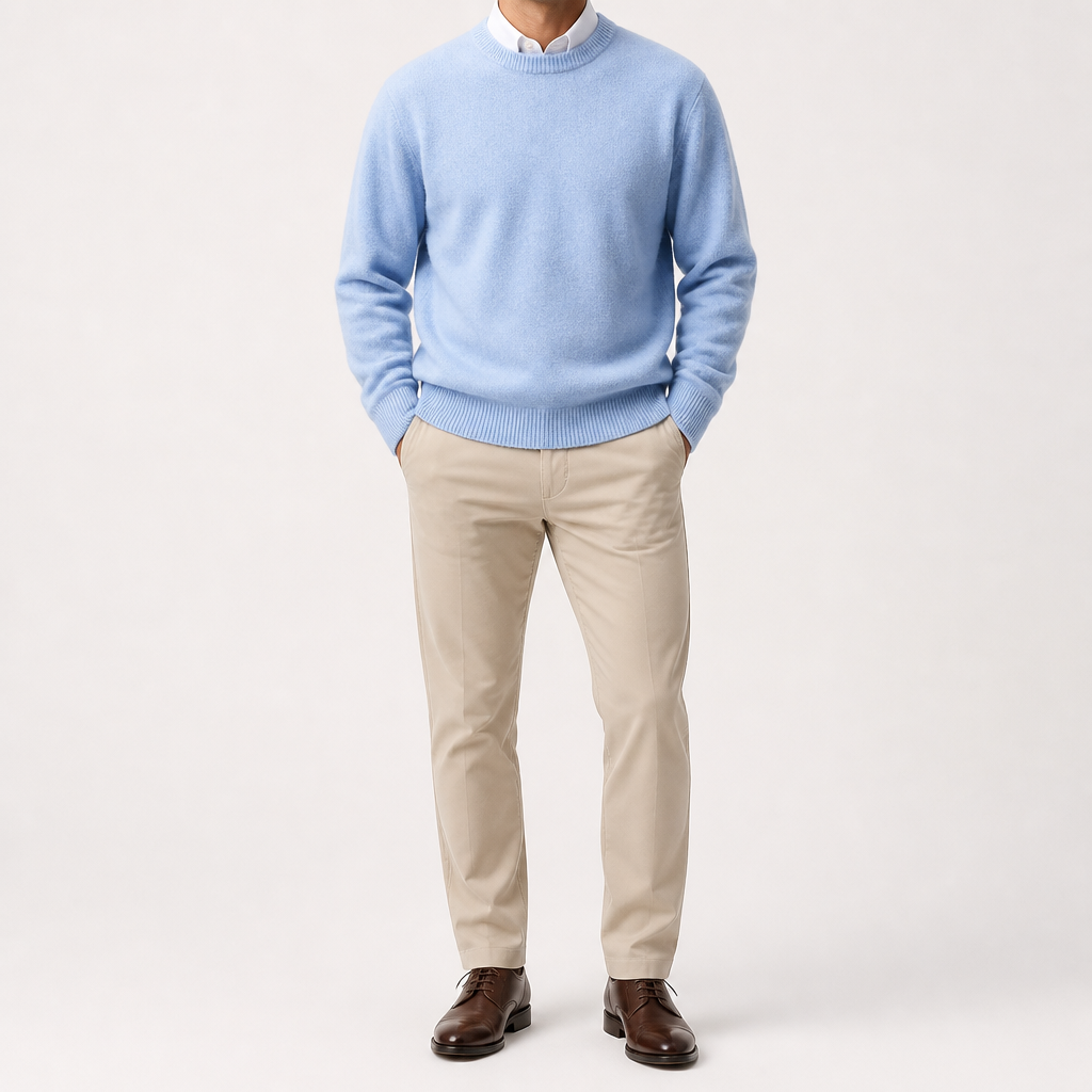 Callum | Mens Knitted Jumper Round Neck Slim Fit Sweater, Light Blue