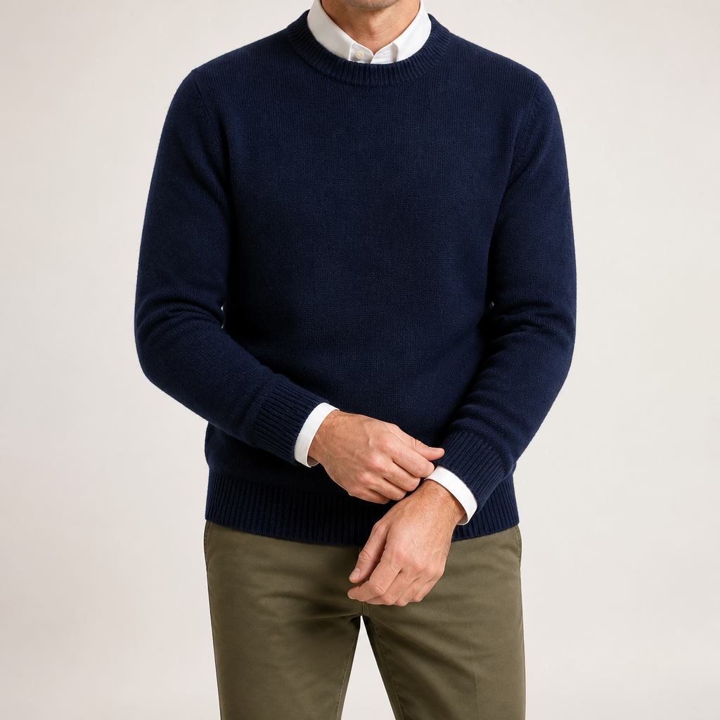 Callum | Mens Knitted Jumper Round Neck Slim Fit Sweater, Navy Blue