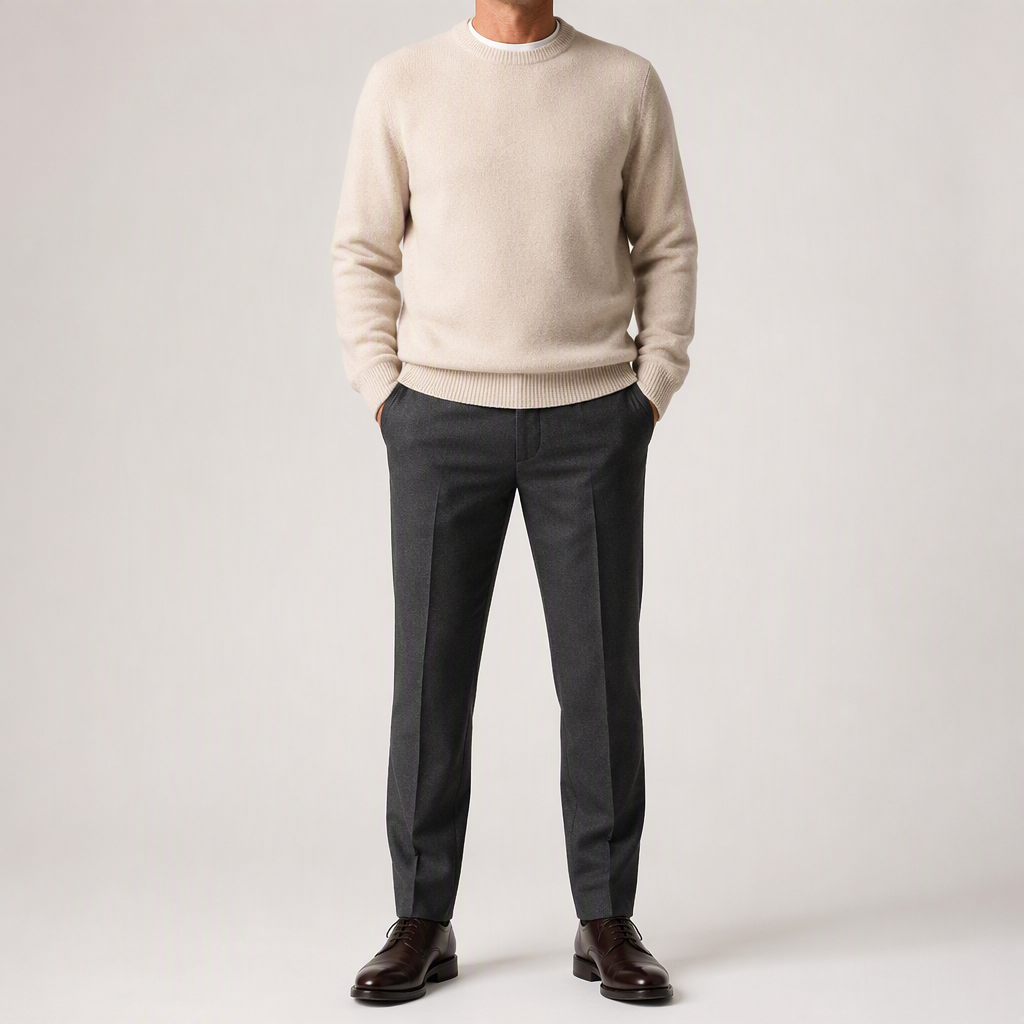 Callum | Mens Knitted Jumper Round Neck Slim Fit Sweater, Off White