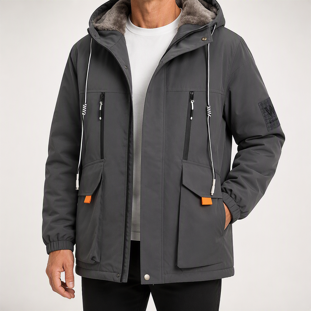 Callum | Mens Winter Fleece Lined Hooded Parka Padded Jacket, Grey
