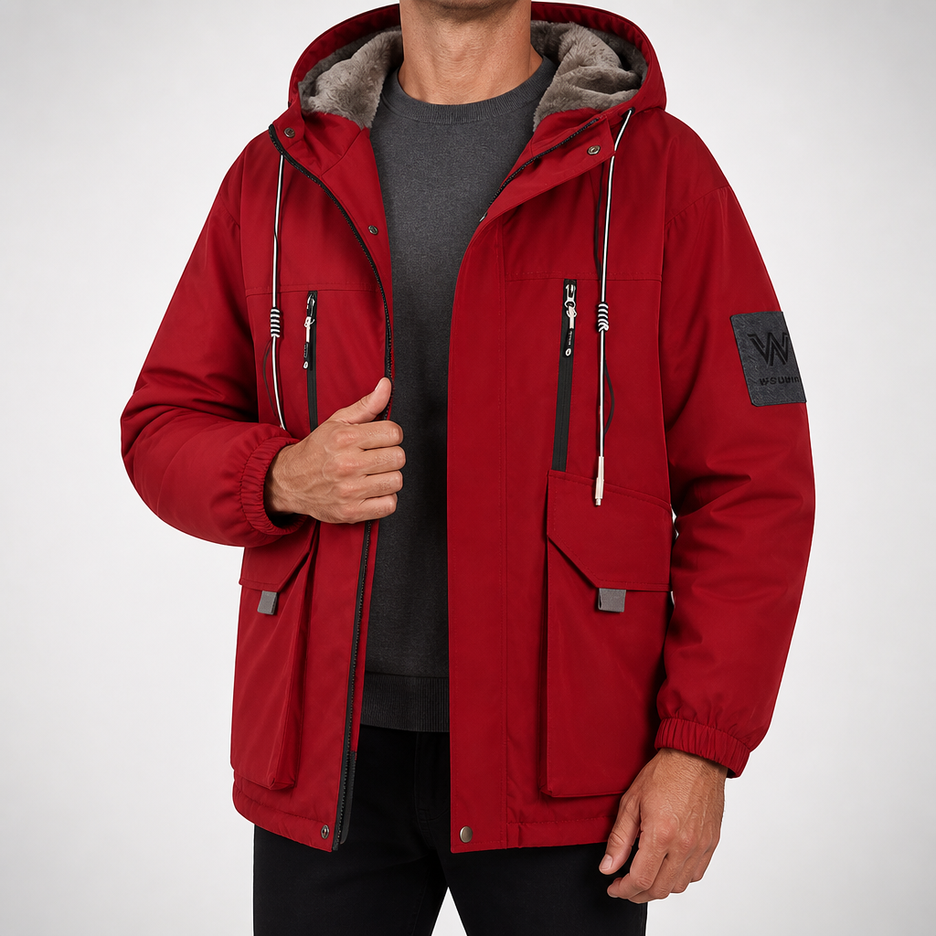 Callum | Mens Winter Fleece Lined Hooded Parka Padded Jacket, Red