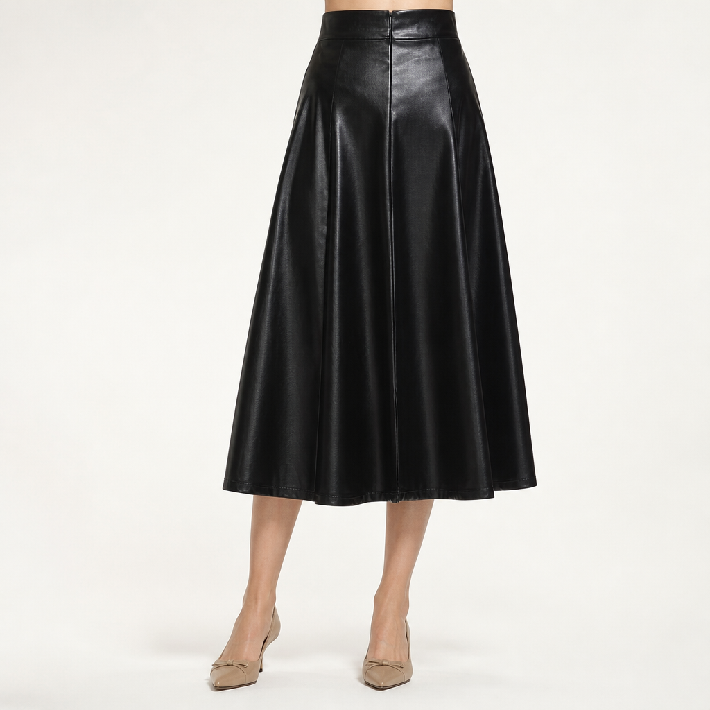 Camille | Womens High Waisted Faux Leather Long Midi Skirt, Black