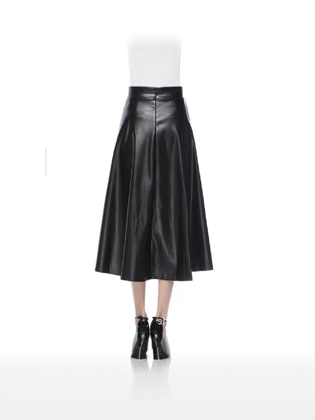Camille | Womens High Waisted Faux Leather Long Midi Skirt - Black