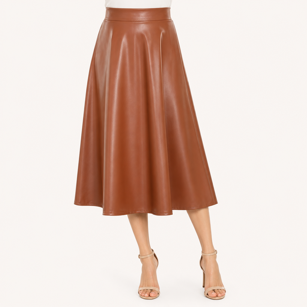 Camille | Womens High Waisted Faux Leather Long Midi Skirt, Khaki