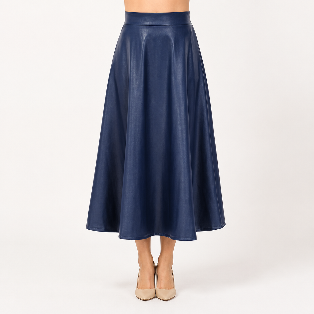 Camille | Womens High Waisted Faux Leather Long Midi Skirt, Navy Blue