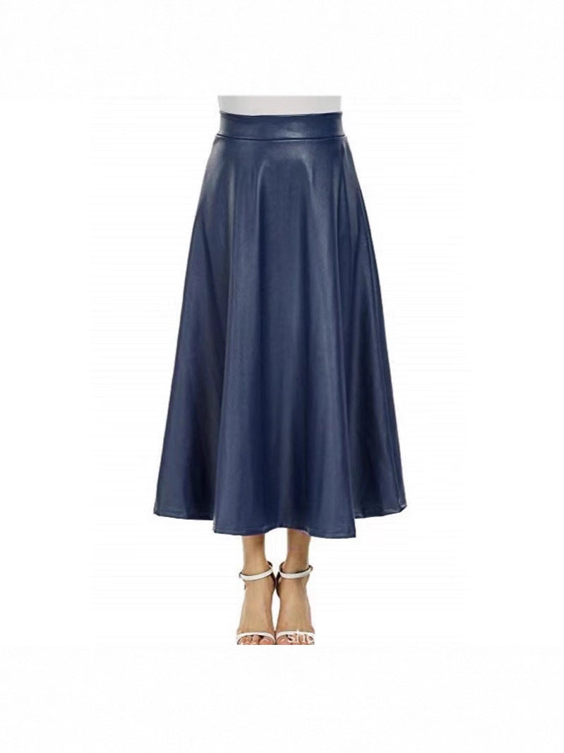 Camille | Womens High Waisted Faux Leather Long Midi Skirt - Navy Blue