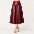 Camille | Womens High Waisted Faux Leather Long Midi Skirt, Wine Red
