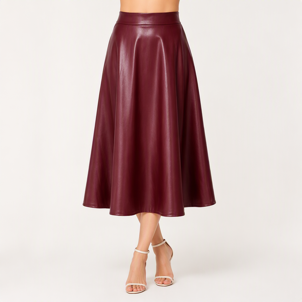Camille | Womens High Waisted Faux Leather Long Midi Skirt, Wine Red