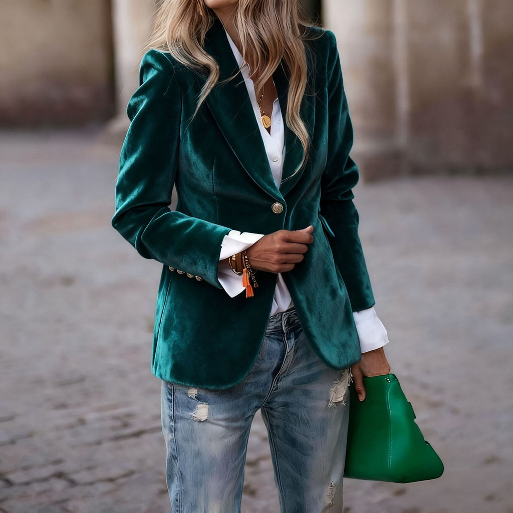Camille | Womens Slim Fit Velvet Blazer - Blue Green