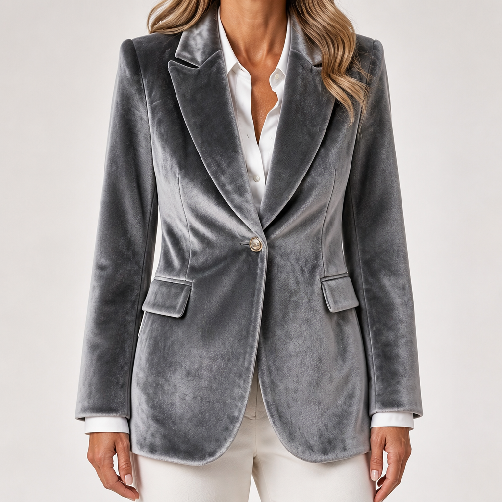 Camille | Womens Slim Fit Velvet Blazer Smart Tailored Jacket, Grey