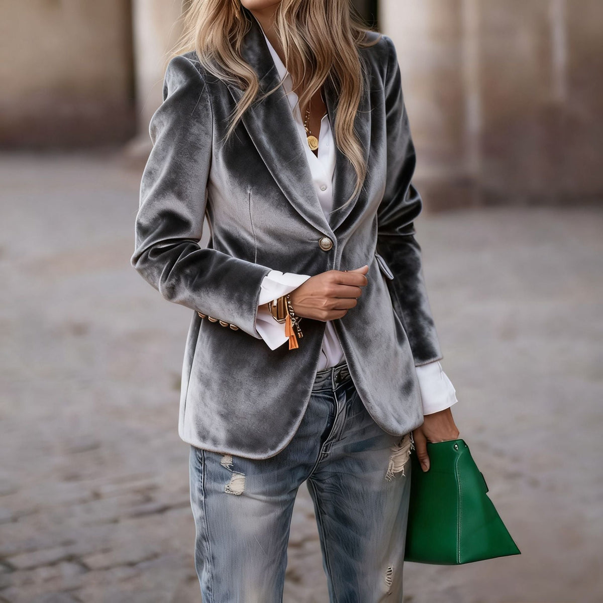 Camille | Womens Slim Fit Velvet Blazer - Grey