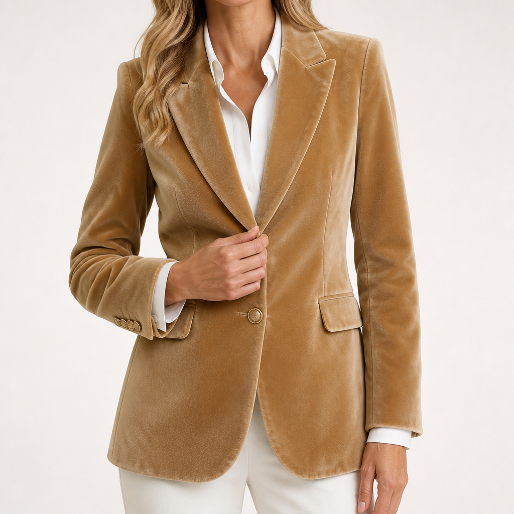 Camille | Womens Slim Fit Velvet Blazer Smart Tailored Jacket, Khaki