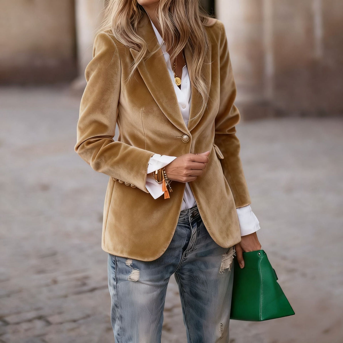Camille | Womens Slim Fit Velvet Blazer - Khaki