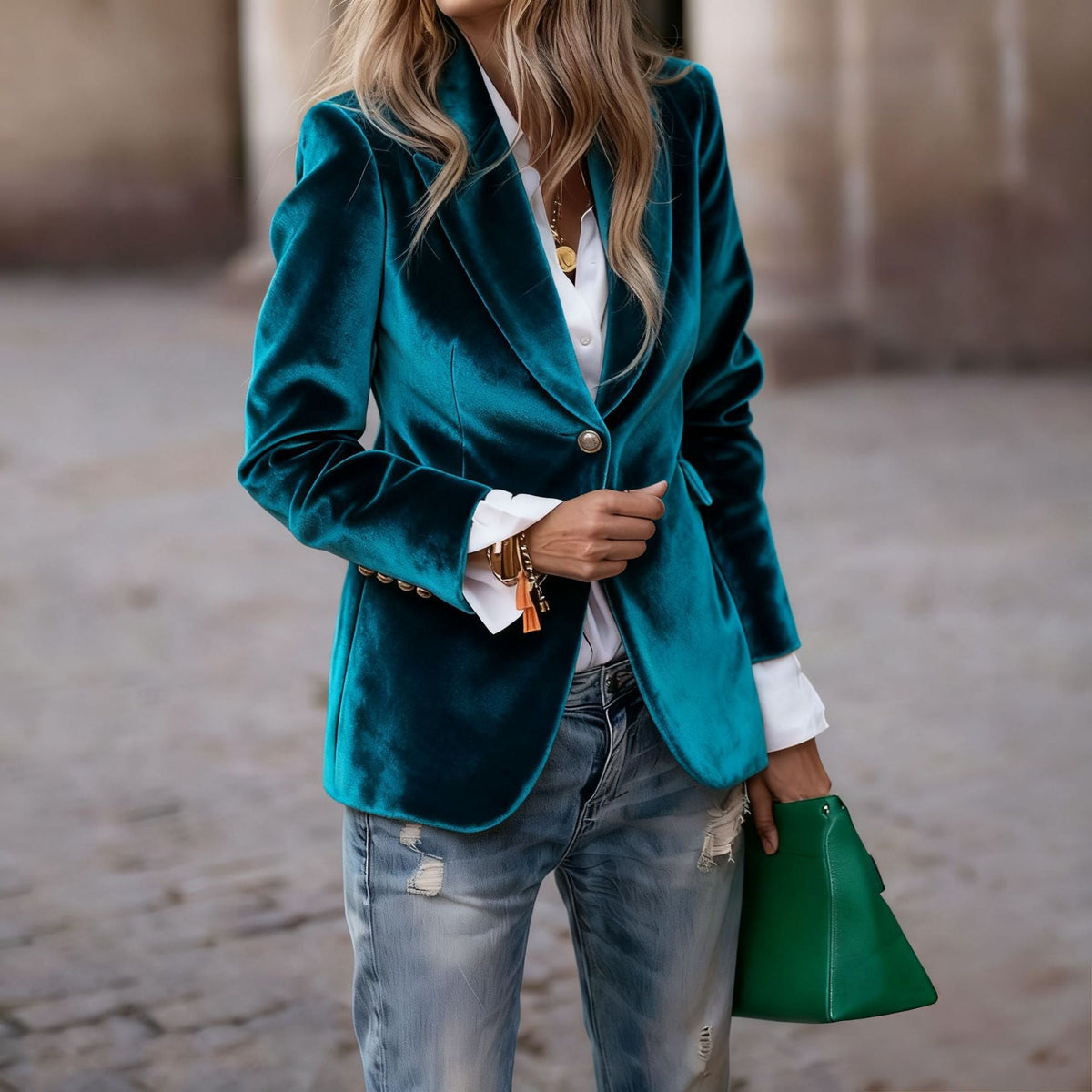 Camille | Womens Slim Fit Velvet Blazer - Peacock Blue
