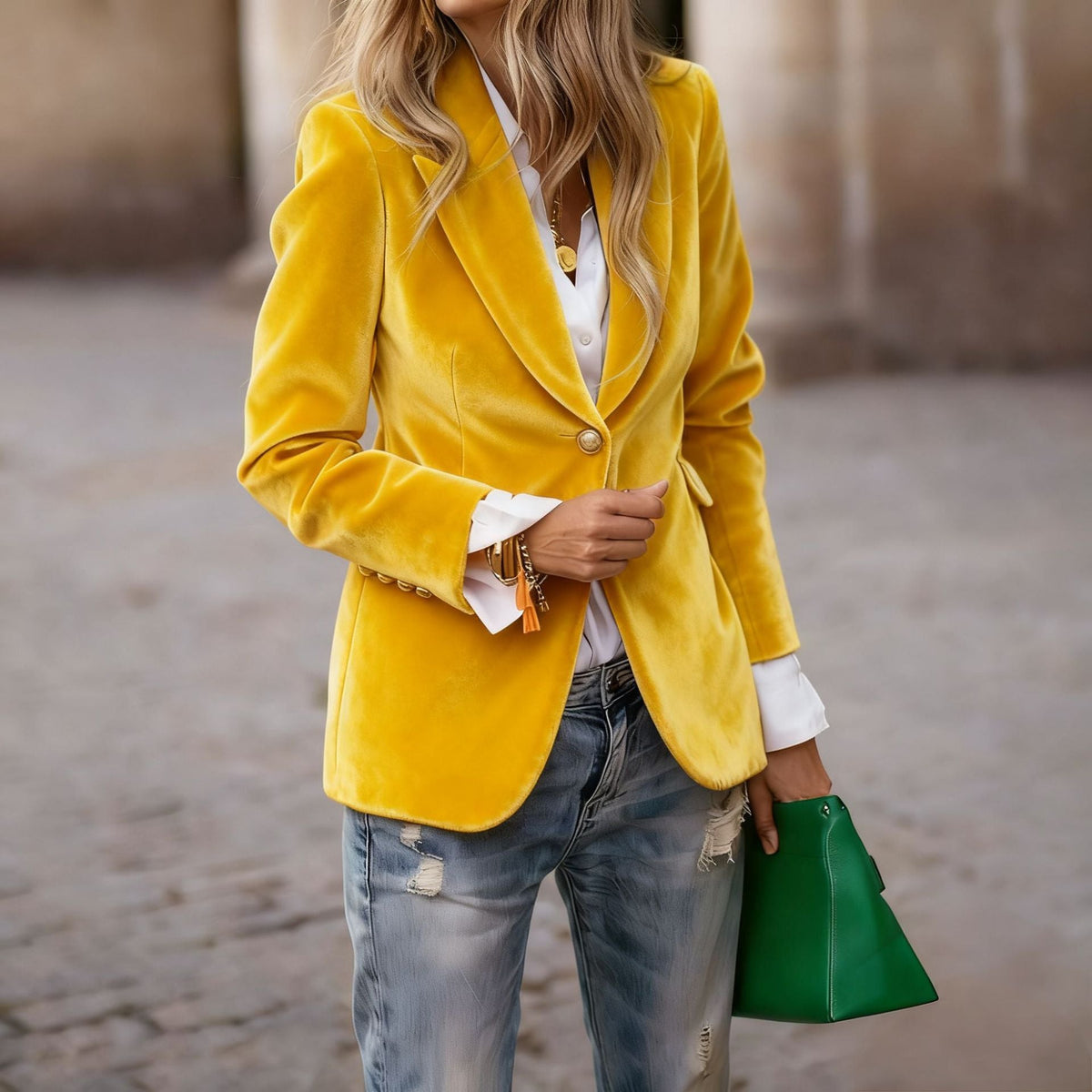 Camille | Womens Slim Fit Velvet Blazer - Yellow