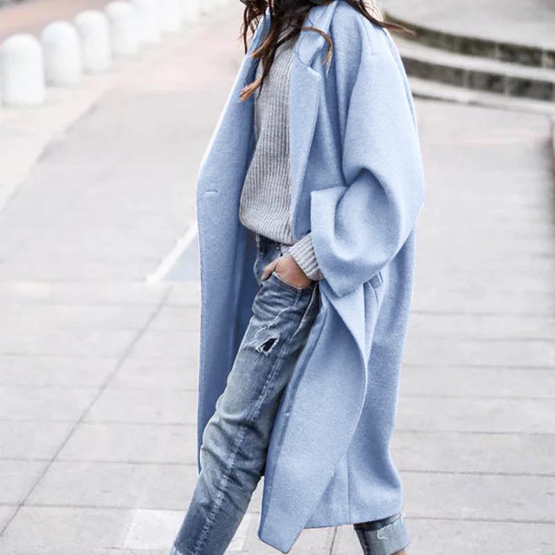 Cassia | Womens Longline Wool Blend Long Coat - Light Blue