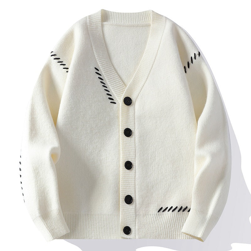 Cassian | Mens V Neck Cardigan Contrast Line Warm Knit - 1