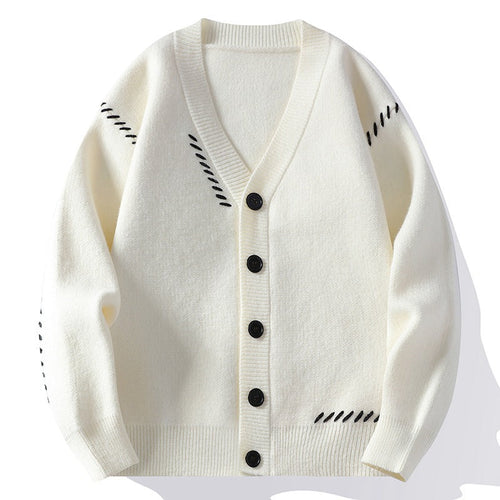 Cassian | Mens V Neck Cardigan Contrast Line Warm Knit - 1
