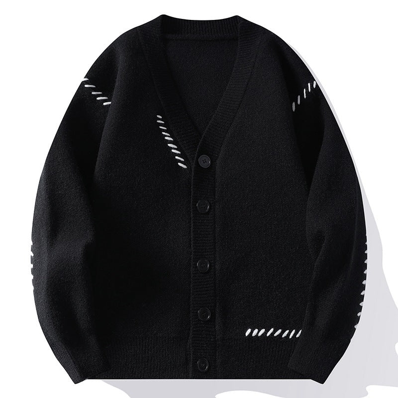 Cassian | Mens V Neck Cardigan Contrast Line Warm Knit - 2