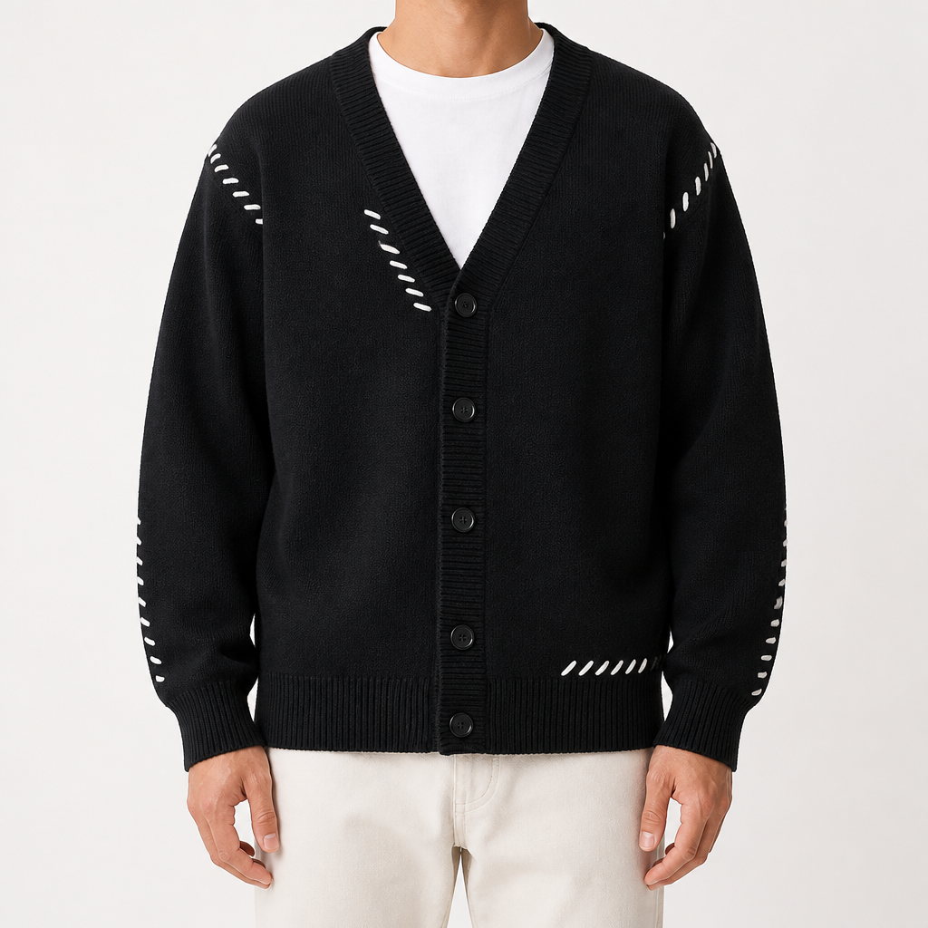 Cassian | Mens Cardigan V Neck Contrast Warm Knitted Cardigan, Black