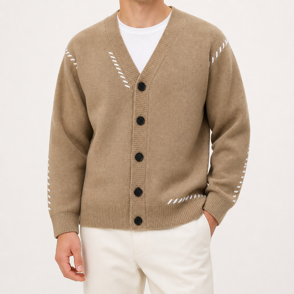 Cassian | Mens Cardigan V Neck Contrast Warm Knitted Cardigan, Khaki