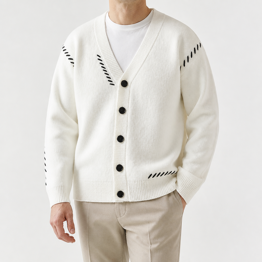 Cassian | Mens Cardigan V Neck Contrast Warm Knitted Cardigan, White