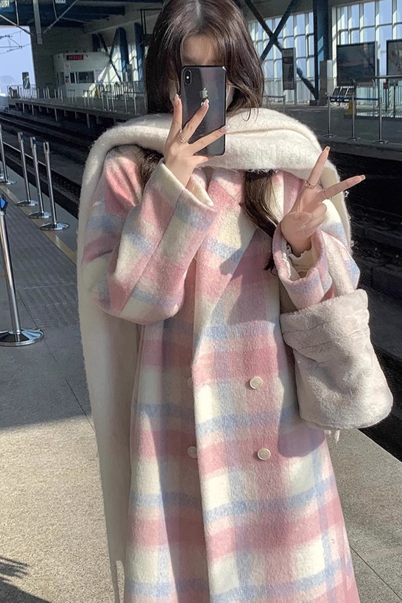 Cecilia | Womens Plaid Wool Blend Coat - Pink