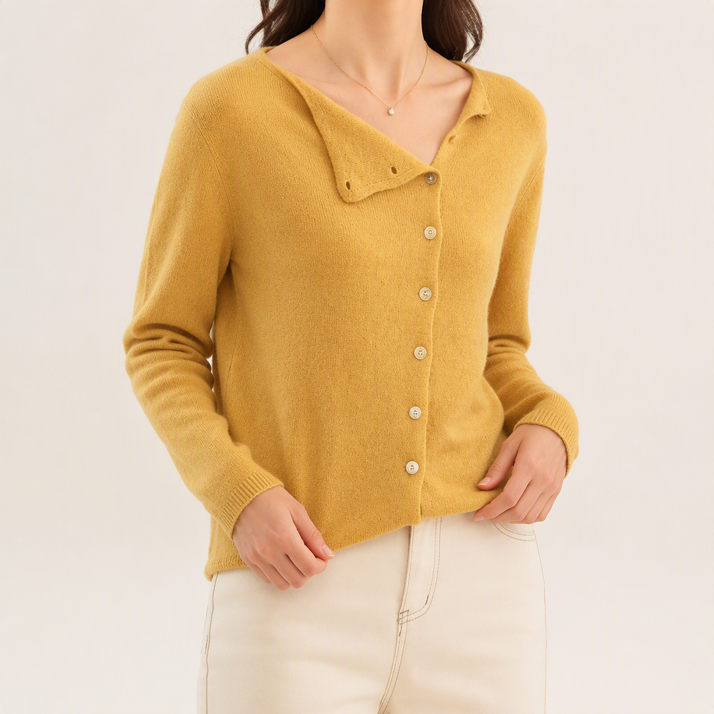 Celestine | Womens Cardigan Fine Knit Crew Neck Single Breasted Knitted Cardigan, Gold