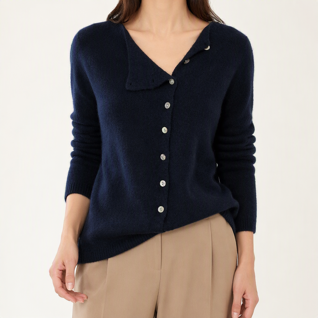 Celestine | Womens Cardigan Fine Knit Crew Neck Single Breasted Knitted Cardigan, Navy Blue