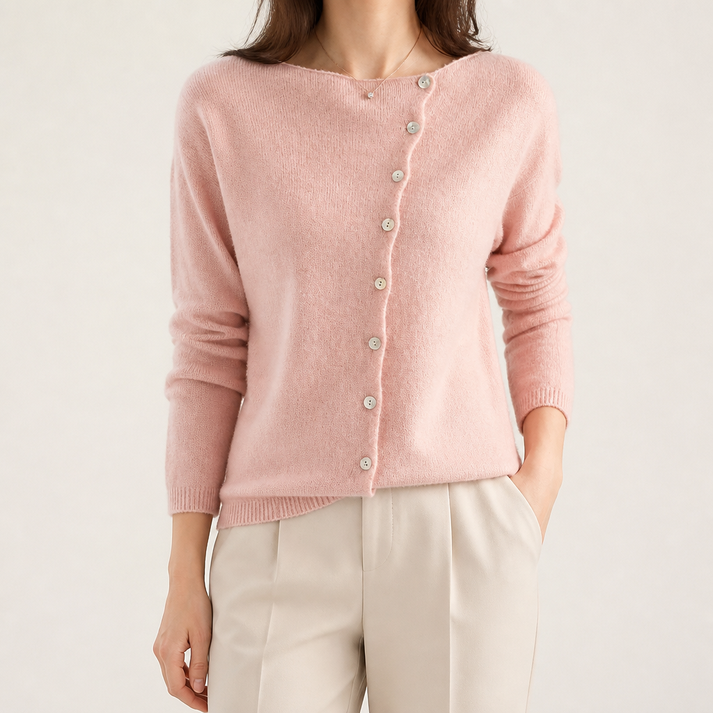 Celestine | Womens Cardigan Fine Knit Crew Neck Single Breasted Knitted Cardigan, Pink