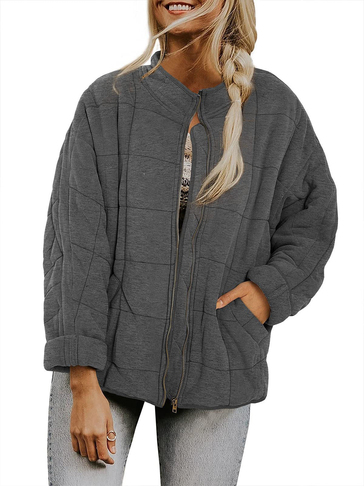Cilla | Womens Stand Collar Padded Jacket - Dark Grey