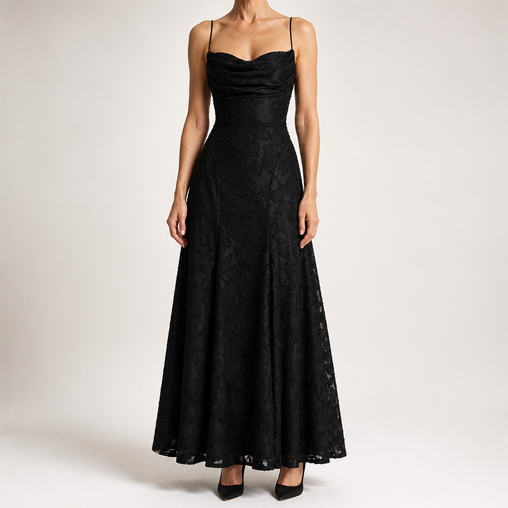 Colette | Womens Wedding Guest Maxi Lace A-Line High Waist Dresses, Black