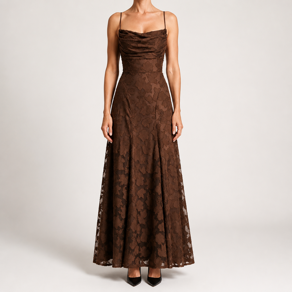 Colette | Womens Wedding Guest Maxi Lace A-Line High Waist Dresses, Brown