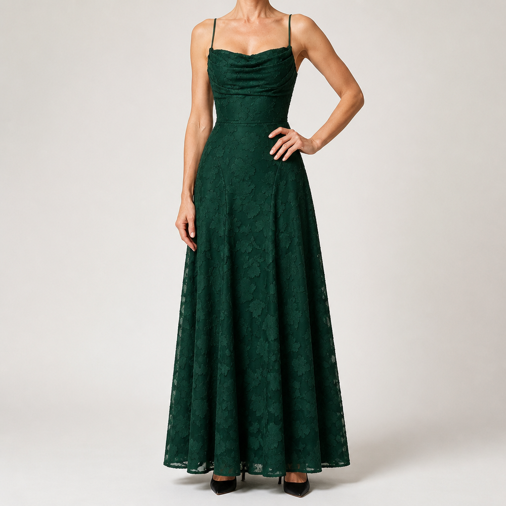 Colette | Womens Wedding Guest Maxi Lace A-Line High Waist Dresses, Dark Green
