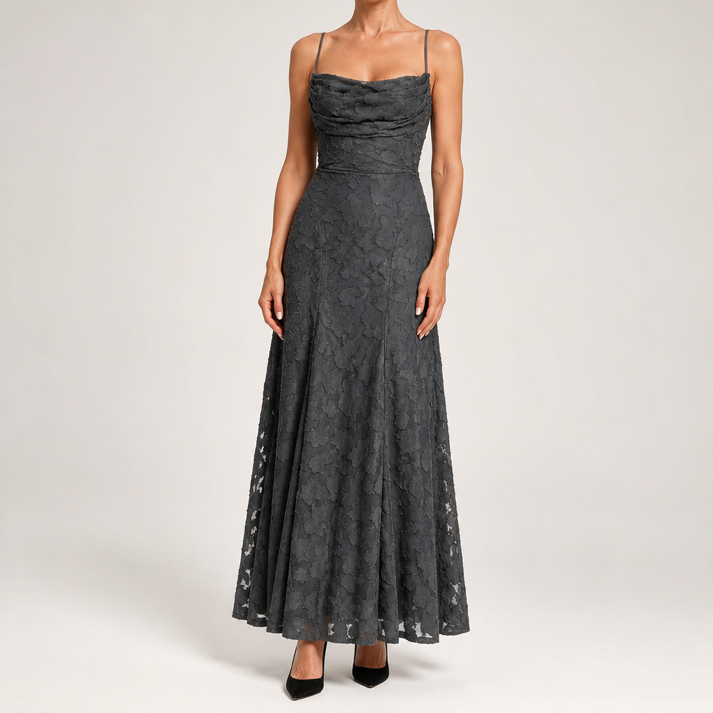 Colette | Womens Wedding Guest Maxi Lace A-Line High Waist Dresses, Dark Grey