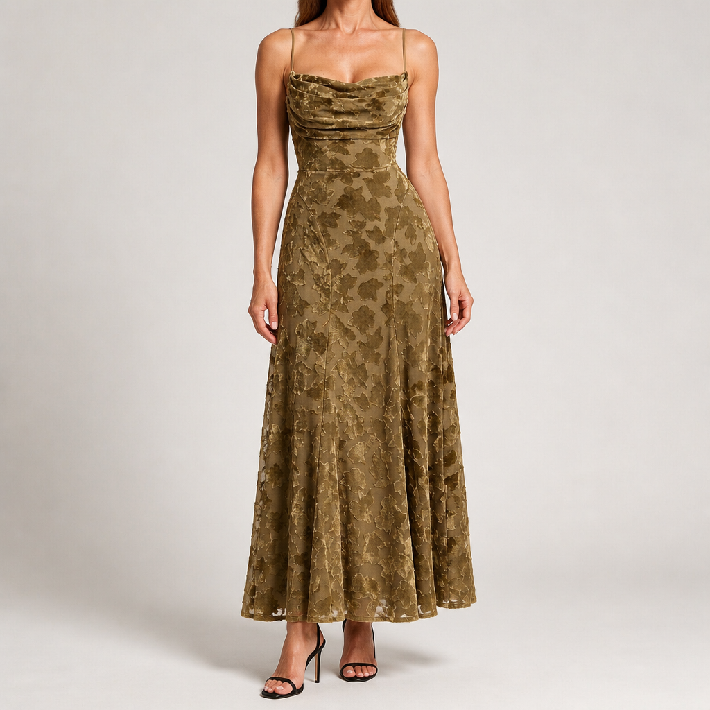 Colette | Womens Wedding Guest Maxi Lace A-Line High Waist Dresses, Khaki