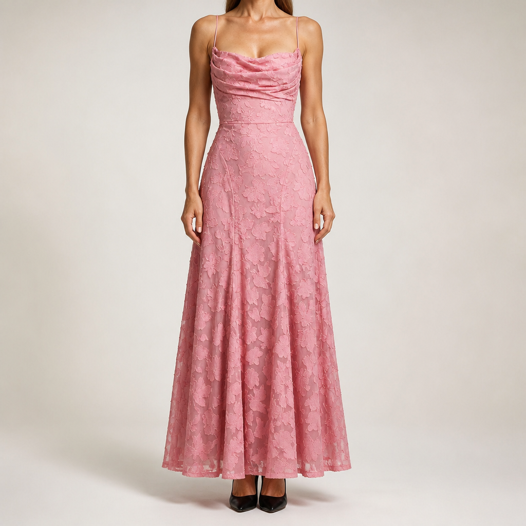 Colette | Womens Wedding Guest Maxi Lace A-Line High Waist Dresses, Pink