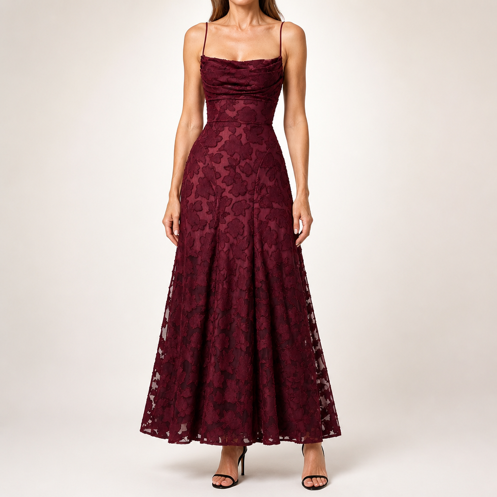 Colette | Womens Wedding Guest Maxi Lace A-Line High Waist Dresses, Wine Red