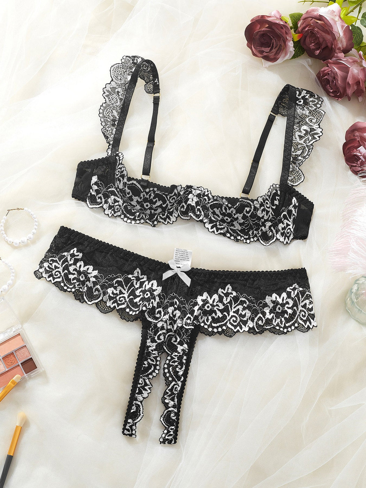 Colette | Womens Lace Bra Thong Lingerie Set - Black and White