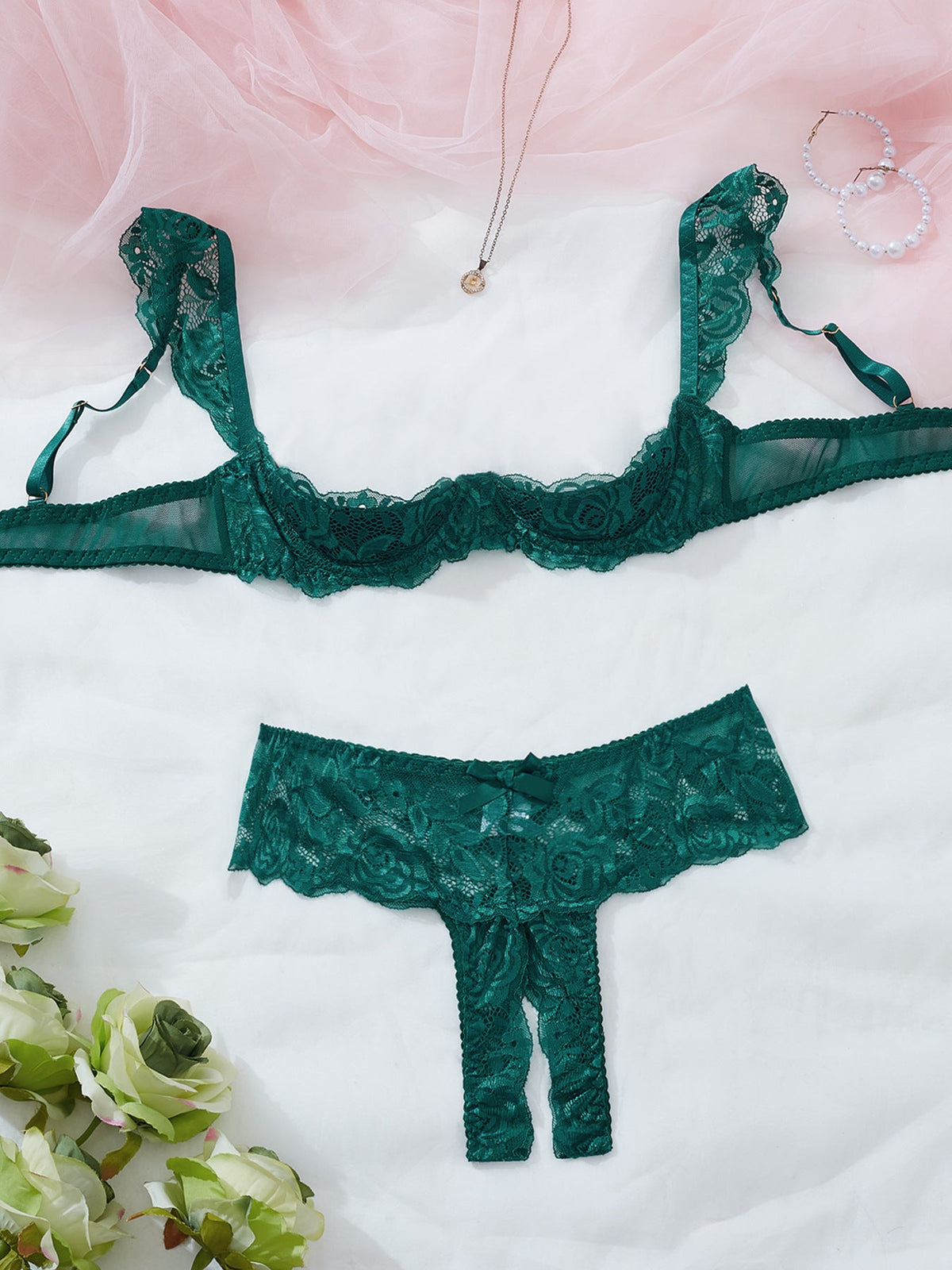 Colette | Womens Lace Bra Thong Lingerie Set - Dark Green