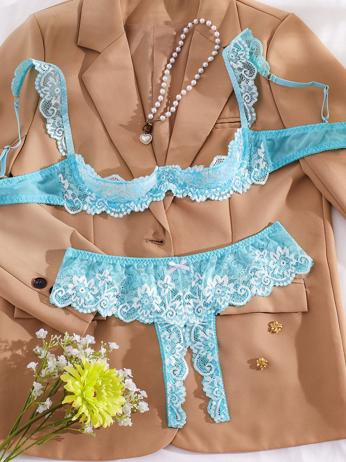 Colette | Womens Lace Bra Thong Lingerie Set - Light Green White