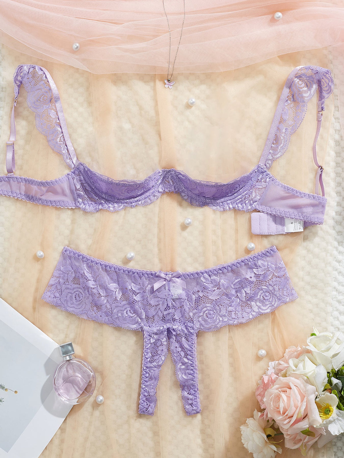Colette | Womens Lace Bra Thong Lingerie Set - Lilac