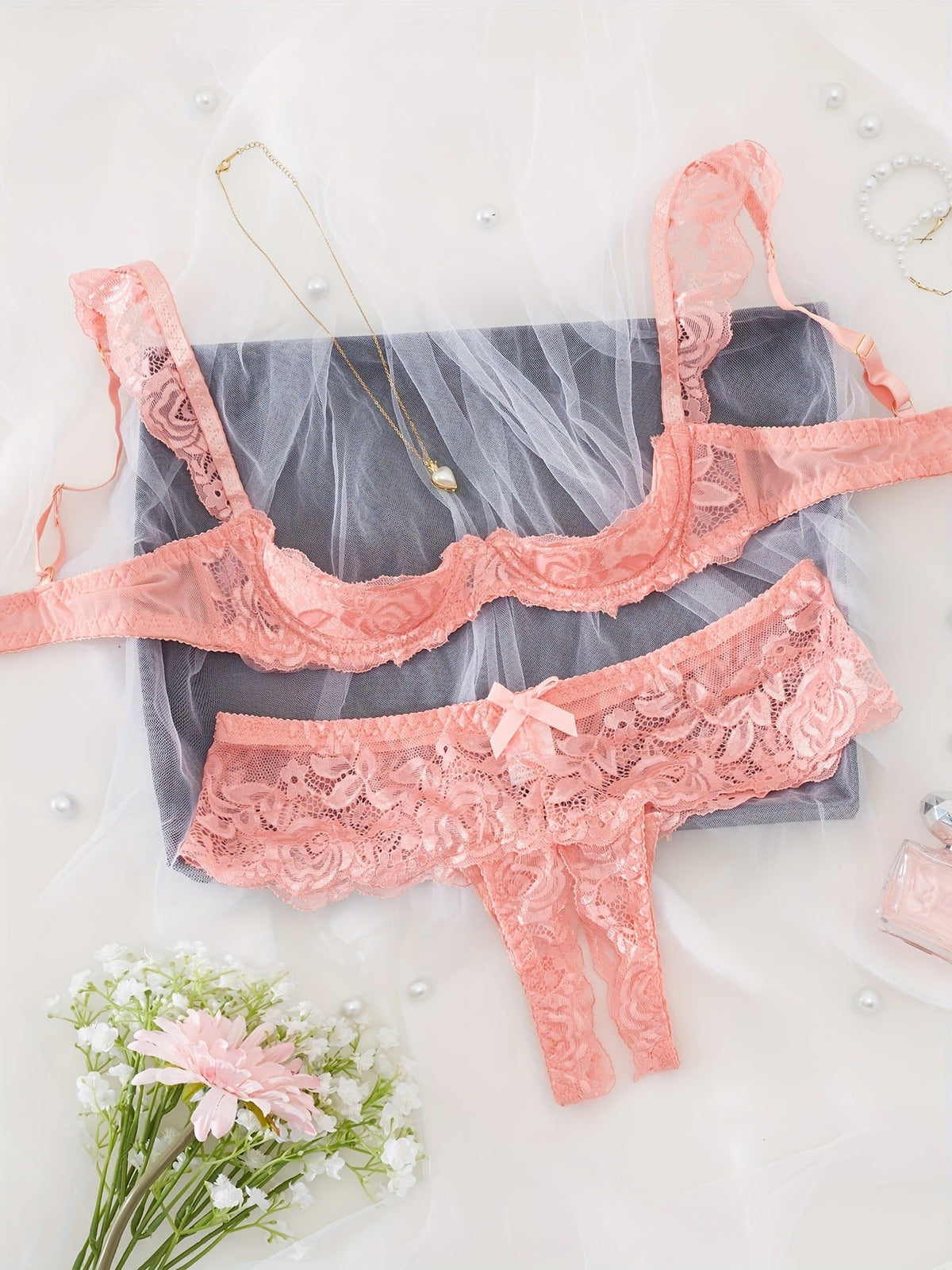 Colette | Womens Lace Bra Thong Lingerie Set - Pink