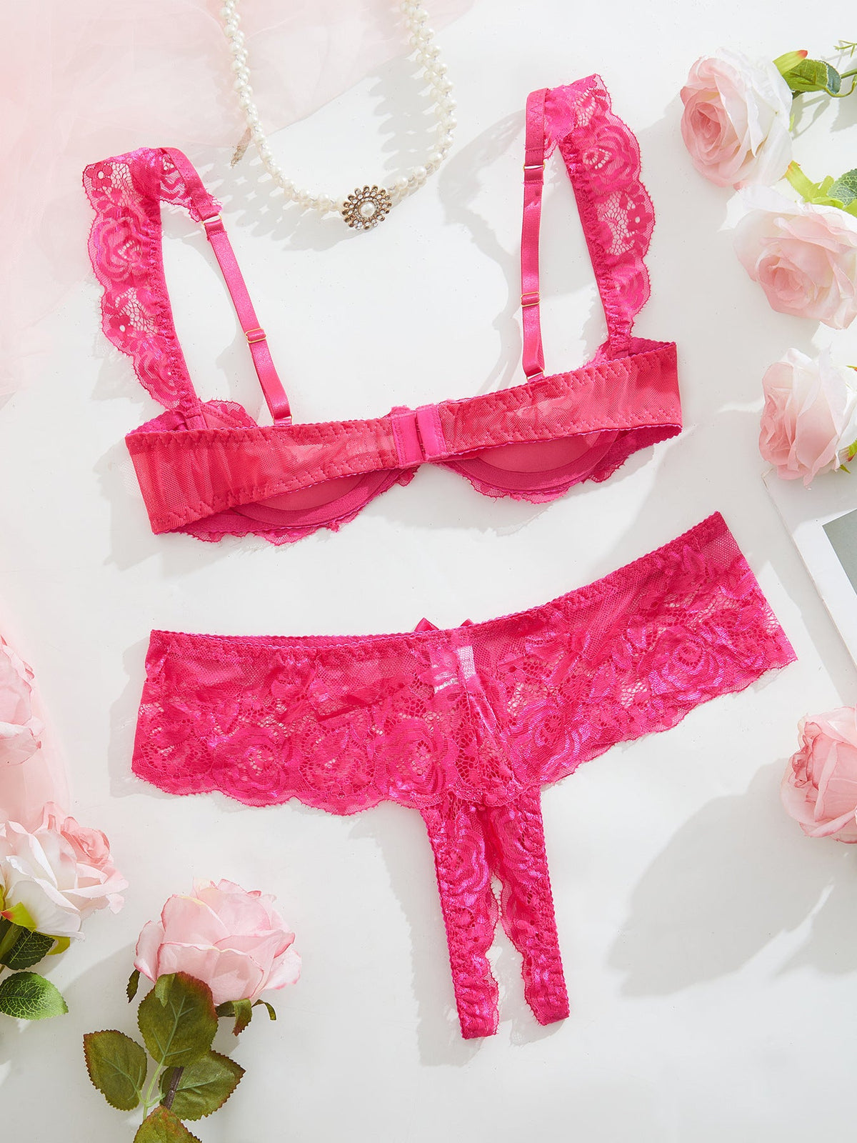 Colette | Womens Lace Bra Thong Lingerie Set - Rose Red