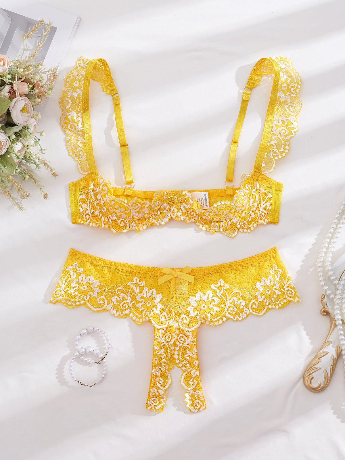 Colette | Womens Lace Bra Thong Lingerie Set - Yellow White