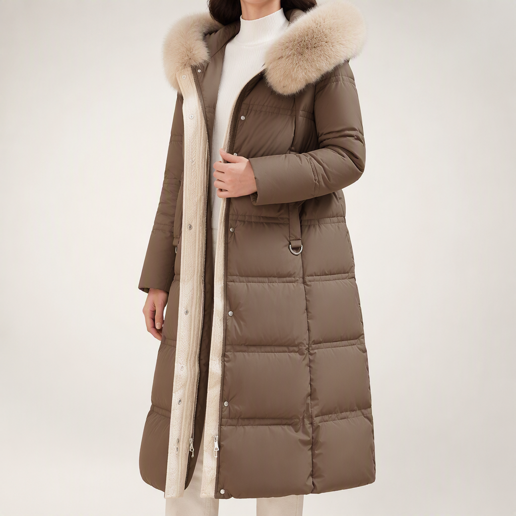 Constantine Womens Long Hooded Fur Collar Padded Winter Coat, Coffee 2